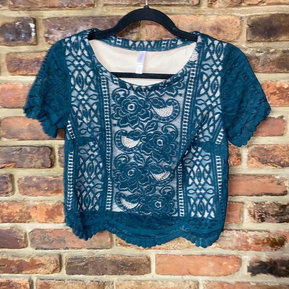 Xhilaration Teal Green Short Sleeve Lace Crop Top Women's Size XS